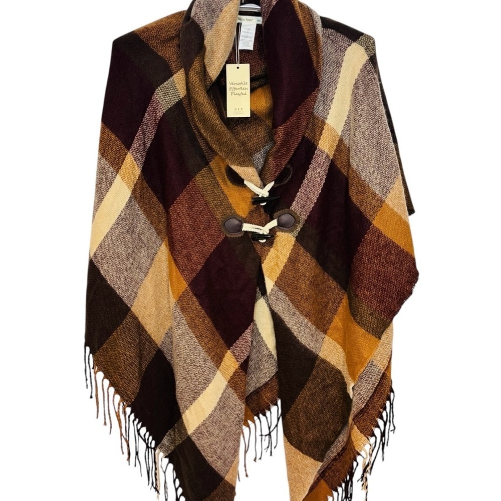 NWT Moss Rose Brown, Tan, and Gold Poncho with Frayed Ends
